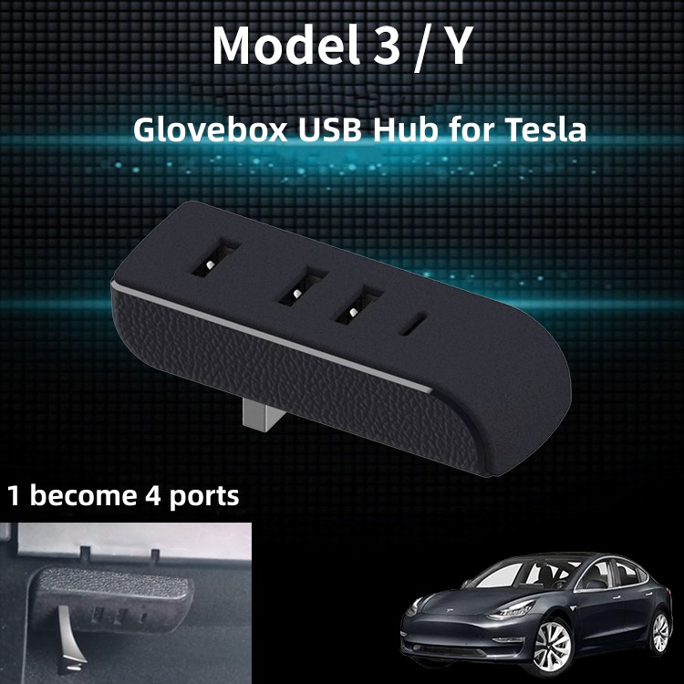 Glovebox USB Hub Ports for Tesla Model 3 Model Y USB Hub Adapter Charger with 3 USB and 1 Type C