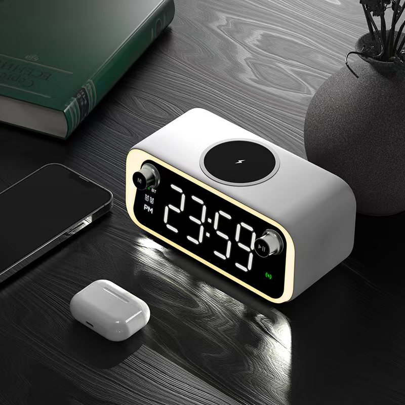 Newest Multi Function 15W BT Wireless Charger Bluetooths Speaker Digital FM Alarm Wall Clock Speaker with LED Screen Display
