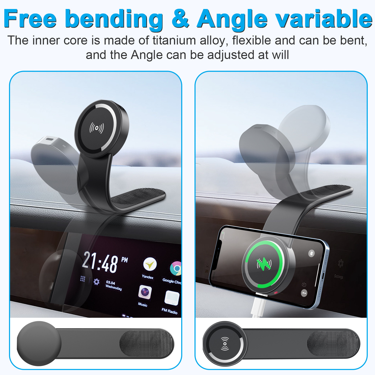 Bendable and Foldable at Any Angel Multiple Bendable Magnetic Car Phone Holder Memory Holder with 15W Wireless Charging
