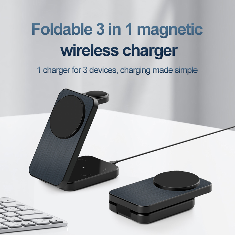 New Magnet Wireless Charger Stand Folding Charging Dock Magnetic 15W 3 in 1 Wireless Charger Foldable Black for Multiple Device