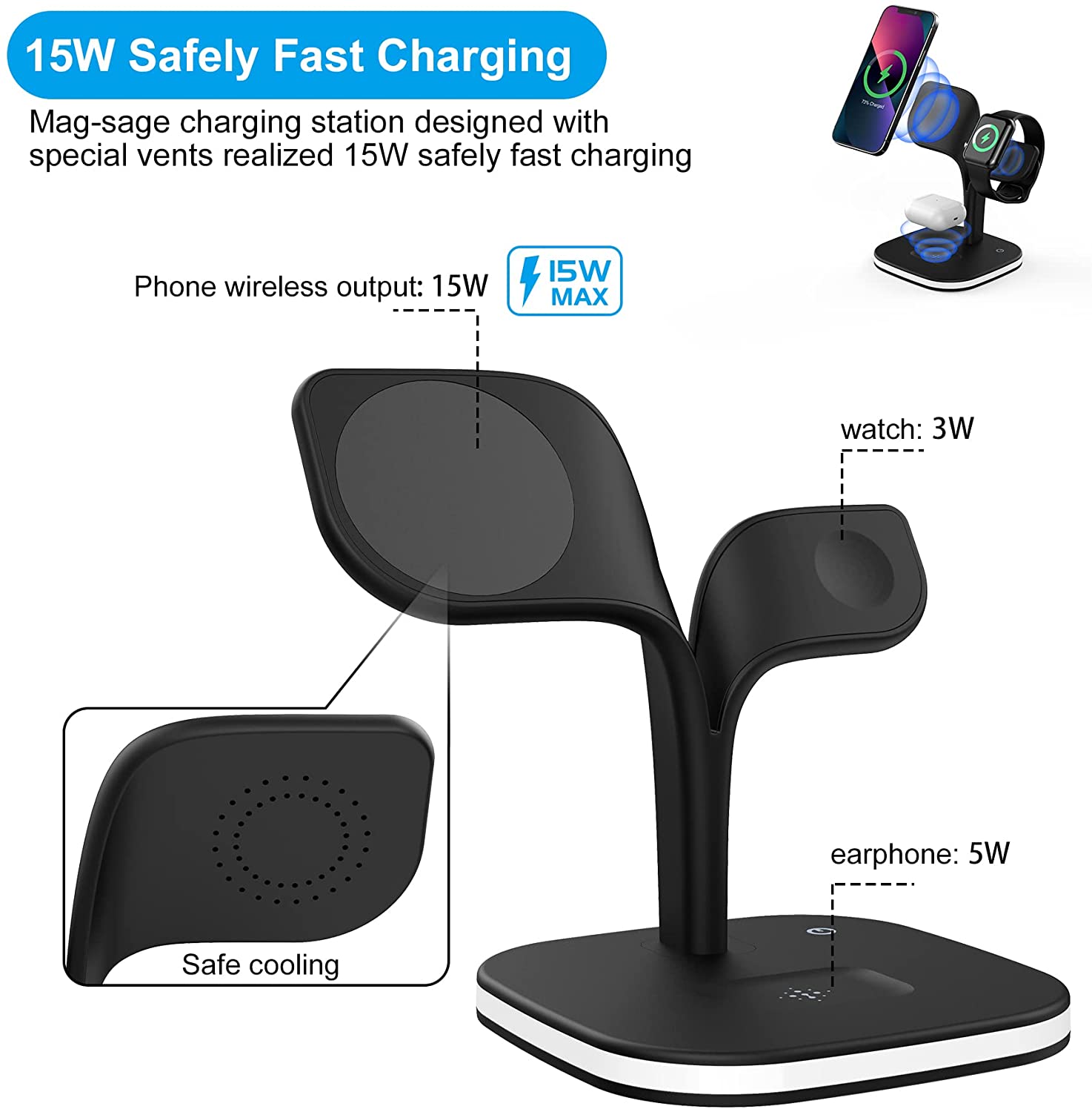 Smart multi 15W magnetic wireless mobile charging holder station for iphone,airpods,iwatch