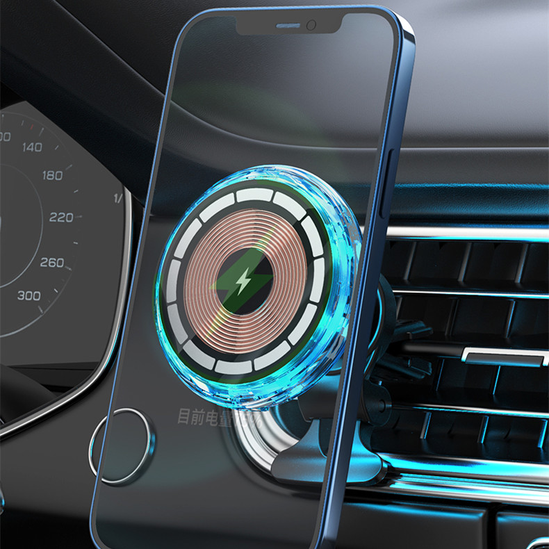 Unique car charger air vent mount transparent magnet mini 15W magnetic for apple charger with LED lights