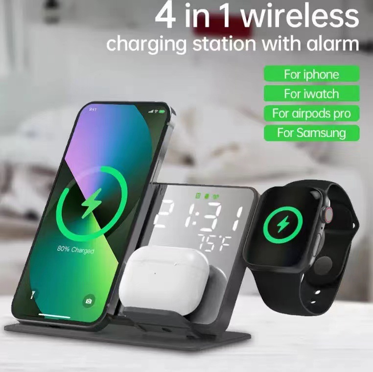 2024 Trending Phone Charging Stand 15W 4 in 1 LED Digital Display Charging Wireless Charger Station with Alarm Clock