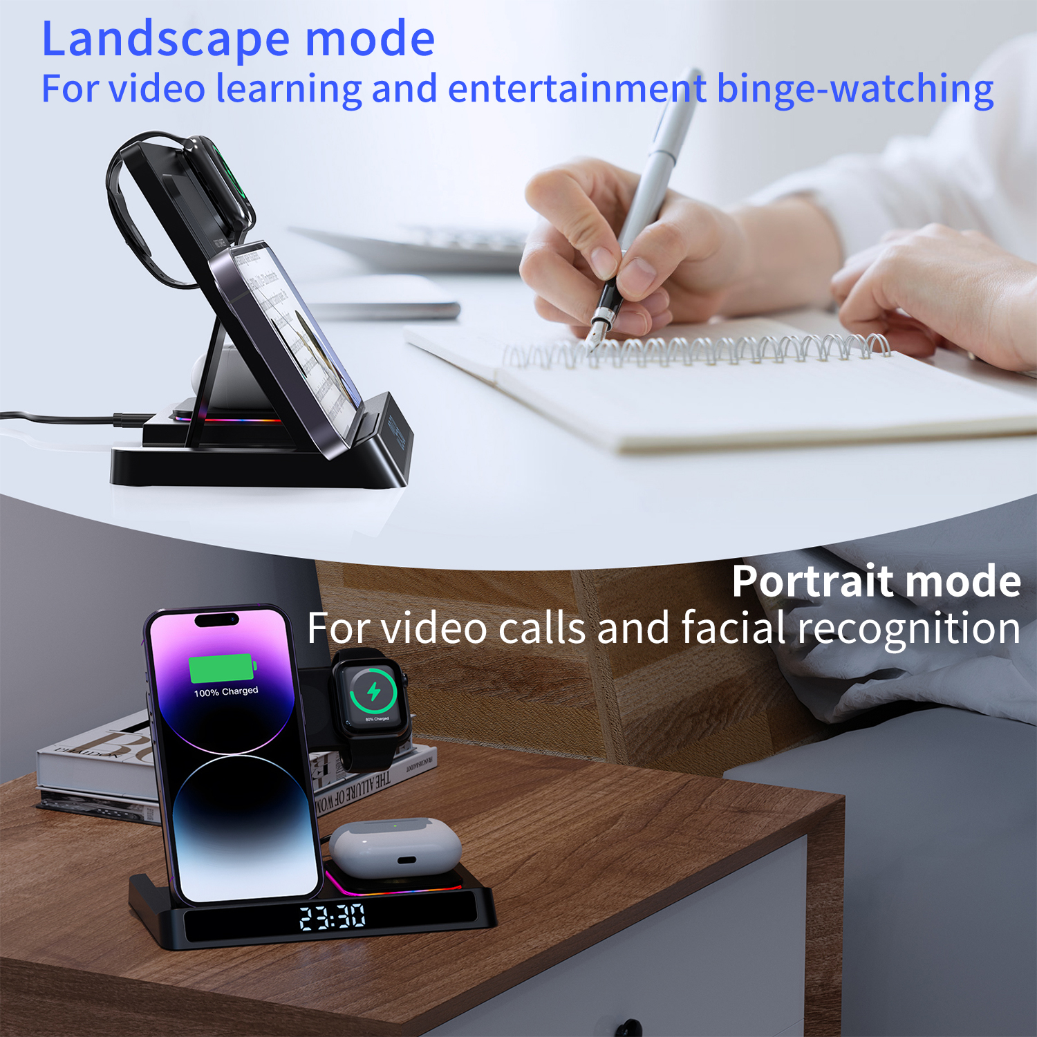 3 In 1 Portable Foldable Fast Charging Mobile Phones Watch with Digital Clock Magnetic Wireless Charger