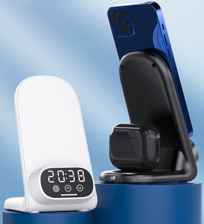 New 2 in 1 wireless charging stand holder for mobile phones and earphone 15w fast wireless charger with alarm clock