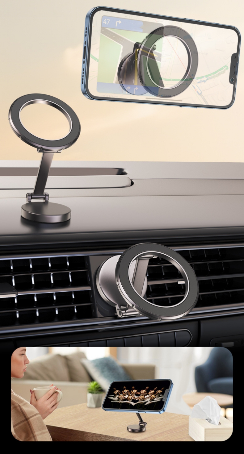 810 Degree Rotating Strong Zinc Alloy Metal Phone Holder Magnetic Double Damping Folding Dashboard Mobile Car Phone Holder
