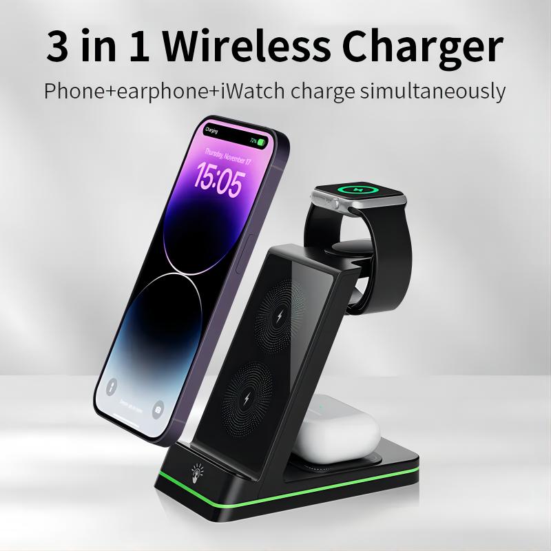 Dual Coils 3 in 1 fast charging Wireless Charger dock Station 15W Fast Wireless Charging Stand charger for mobile device