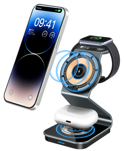 Factory Direct New Metal Transparent 3 in 1 Wireless Charger Station Multifunctional 15W Magnetic Wireless Charger Stand Holder