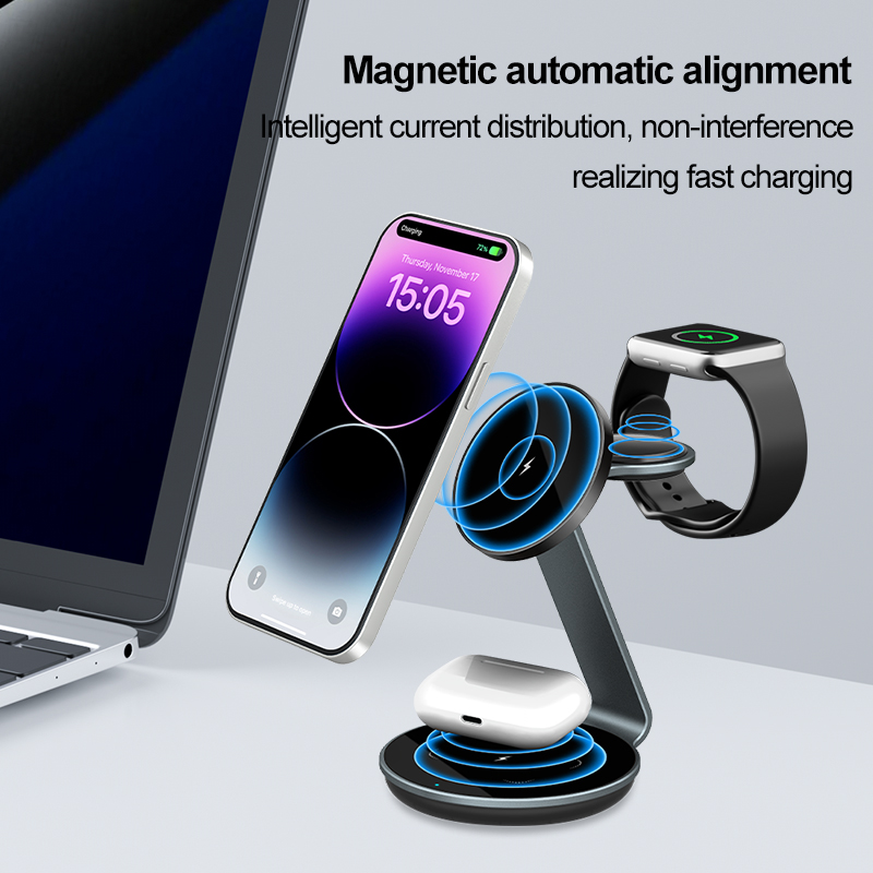 Metal Magnetic Wireless Charger Stand Dock 15W 3 in 1 Wireless Charger Station for Mobile Phones etc