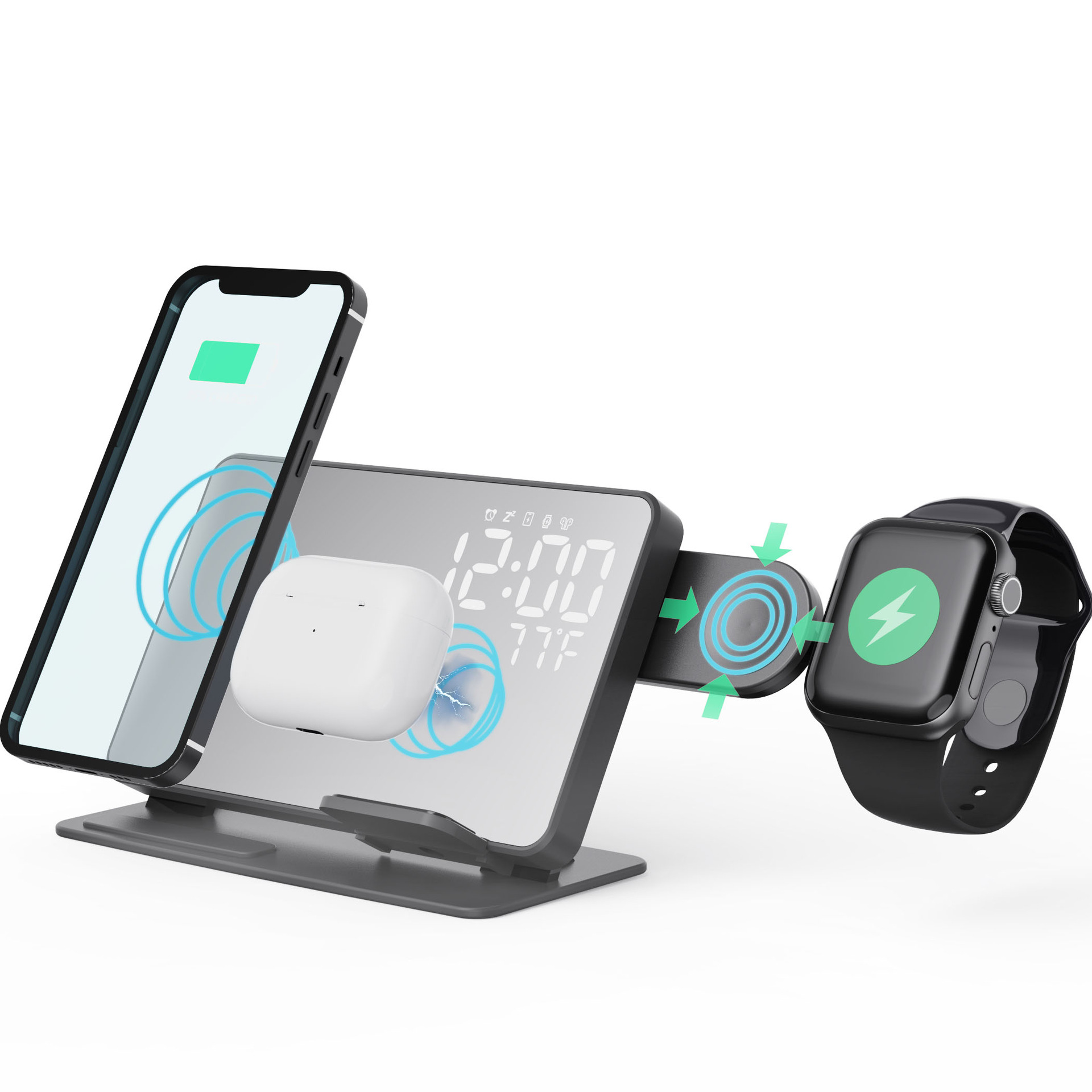 2024 Trending Phone Charging Stand 15W 4 in 1 LED Digital Display Charging Wireless Charger Station with Alarm Clock