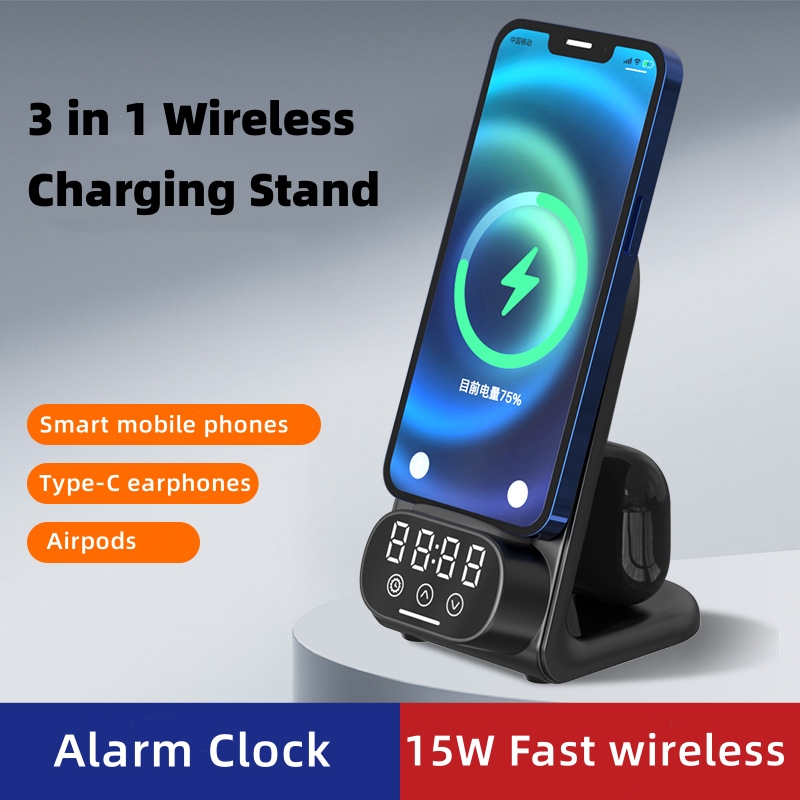 New 2 in 1 wireless charging stand holder for mobile phones and earphone 15w fast wireless charger with alarm clock