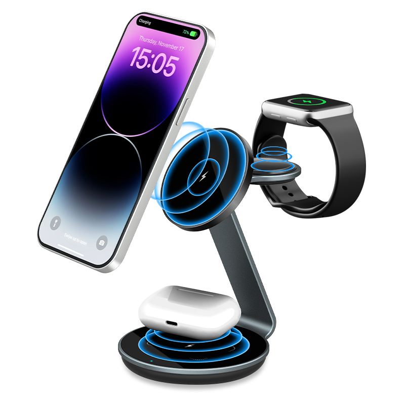 Aluminum Magnetic Wireless Charger Stand Dock Magnetic 15W 3 in 1 Wireless Cell Phone Charging Station