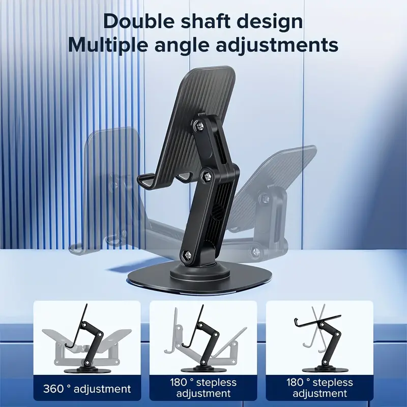 Metal Base Double Axis 360 Degrees Rotating Cell Phone Holder, Foldable Angle Height Adjustable Desktop Cell Phone Holder