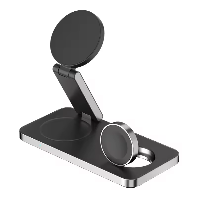 Aluminum 15W travel portable cell phone wireless charger 3 in 1 magnetic foldable desk charger for iphone