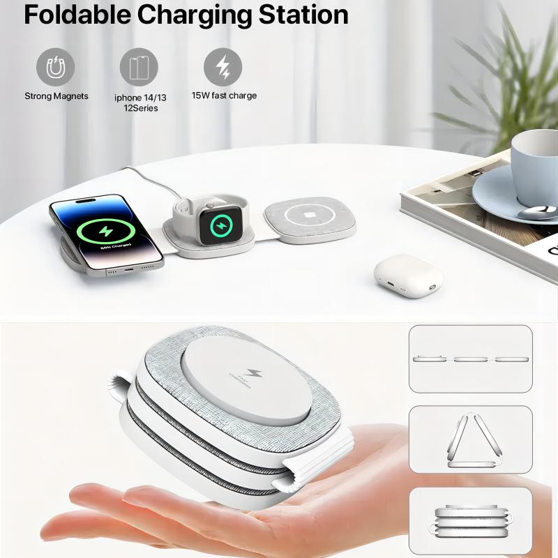 Fabric Unique Product 3 in 1 Wireless Charger Stand Folding Charging Dock 15W Charging Station for Multiple Device