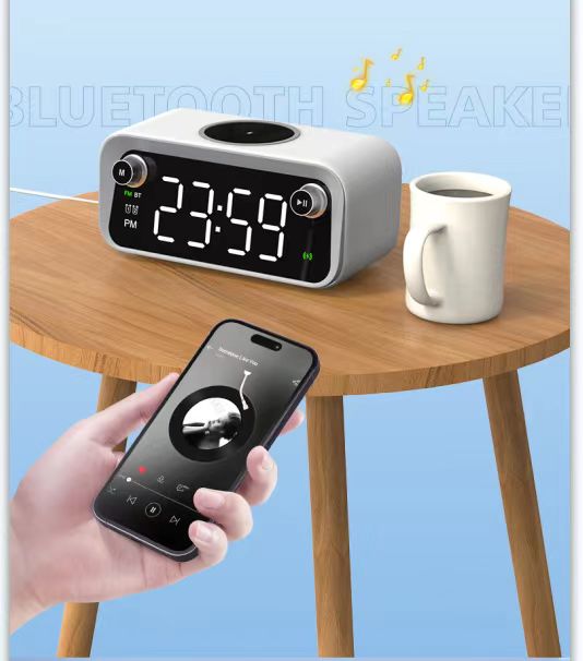 Newest Multi Function 15W BT Wireless Charger Bluetooths Speaker Digital FM Alarm Wall Clock Speaker with LED Screen Display