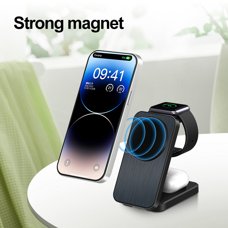 New Magnet Wireless Charger Stand Folding Charging Dock Magnetic 15W 3 in 1 Wireless Charger Foldable Black for Multiple Device