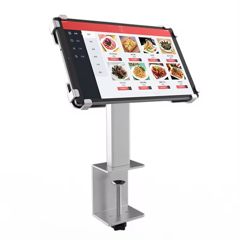 Hot Anti-theft metal tablet POS system stand 180 rotating aluminium alloy ordering food kiosk for restaurant counter payment