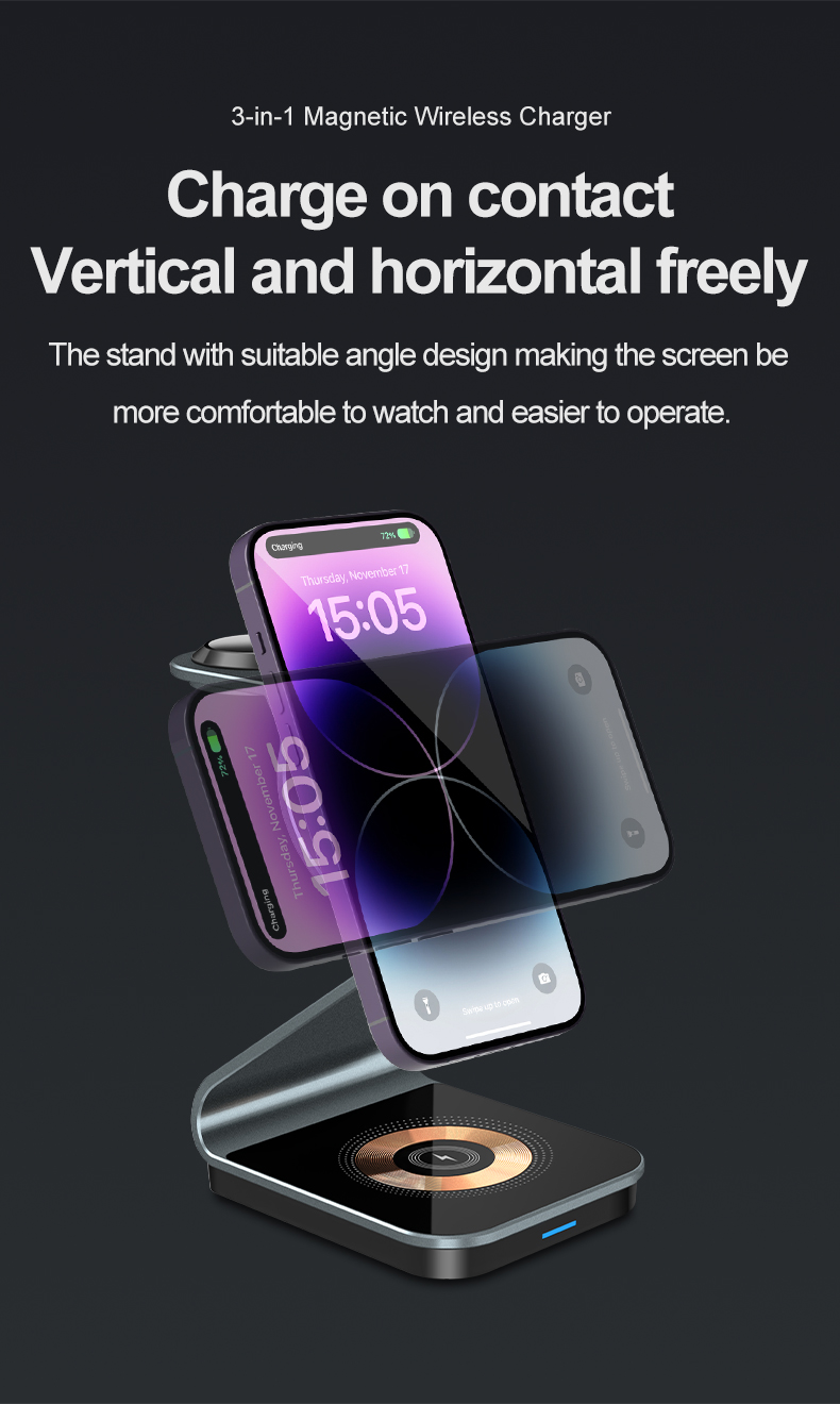 Factory Direct New Metal Transparent 3 in 1 Wireless Charger Station Multifunctional 15W Magnetic Wireless Charger Stand Holder