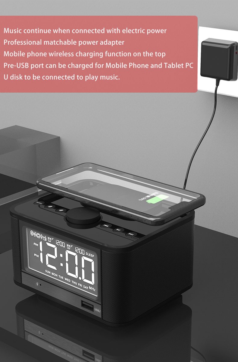 FM Radio Wireless Phone Charging Stand Alarm Clock BT Speaker with LED Display Dual Alarm Digital Desktop Table Clock Office