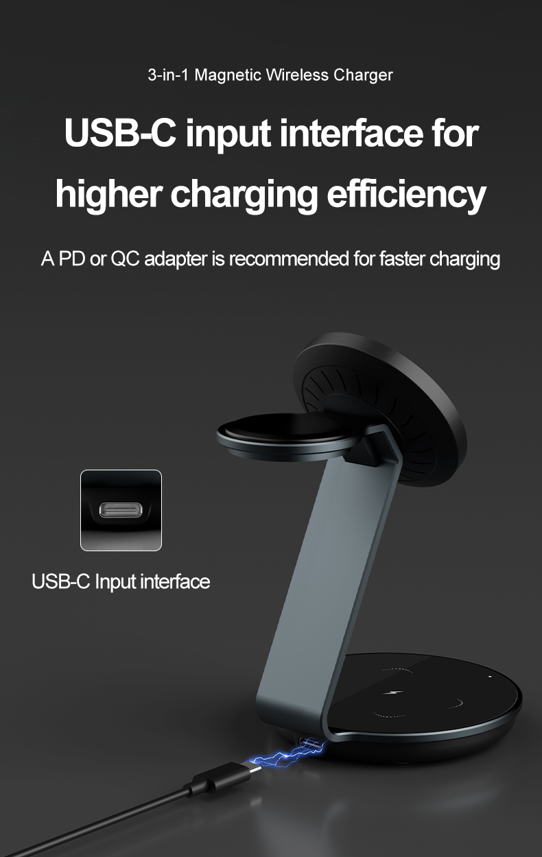 Aluminum Magnetic Wireless Charger Stand Dock Magnetic 15W 3 in 1 Wireless Cell Phone Charging Station