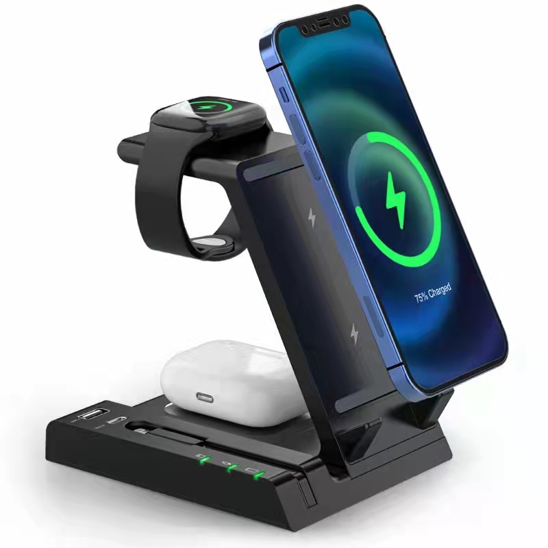 Newest 6 in 1 Portable 15W Fast Mobile Phone Wireless Charger Dock Station Stand for iPhone, Android
