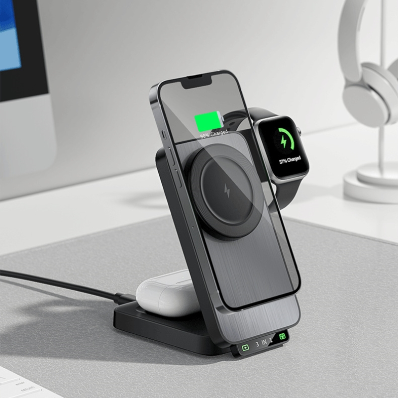 new multifunctional magnetic 3 in 1 foldable wireless charging station phone stand charger for smartwatch