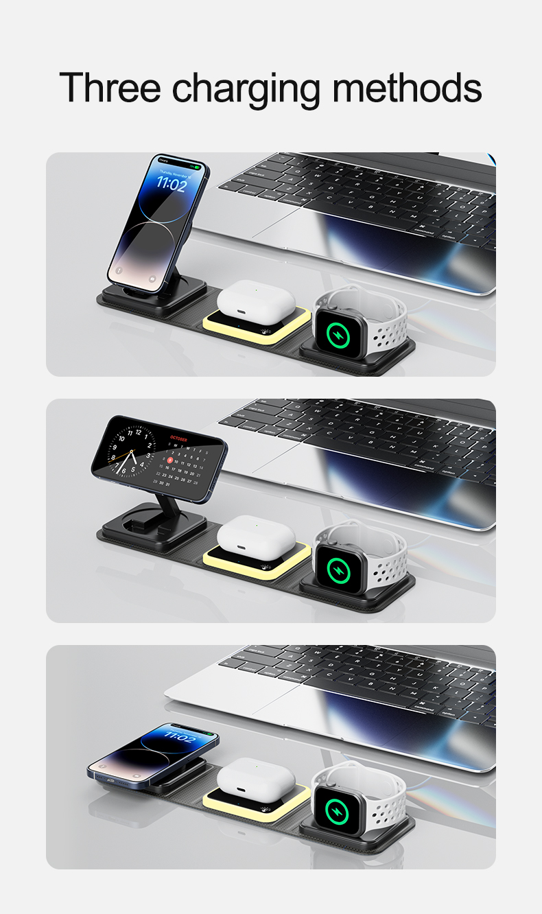 New Portable fold 3 in 1 wireless magnetic phone charger stand foldable 15W wireless fast charging with Leather and Night lamp