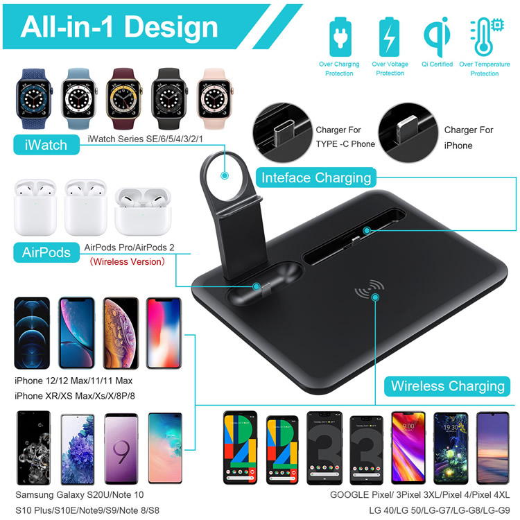 Best seller detachable black multi 15W wireless charger stand dock all in one charging station for Apple and Android