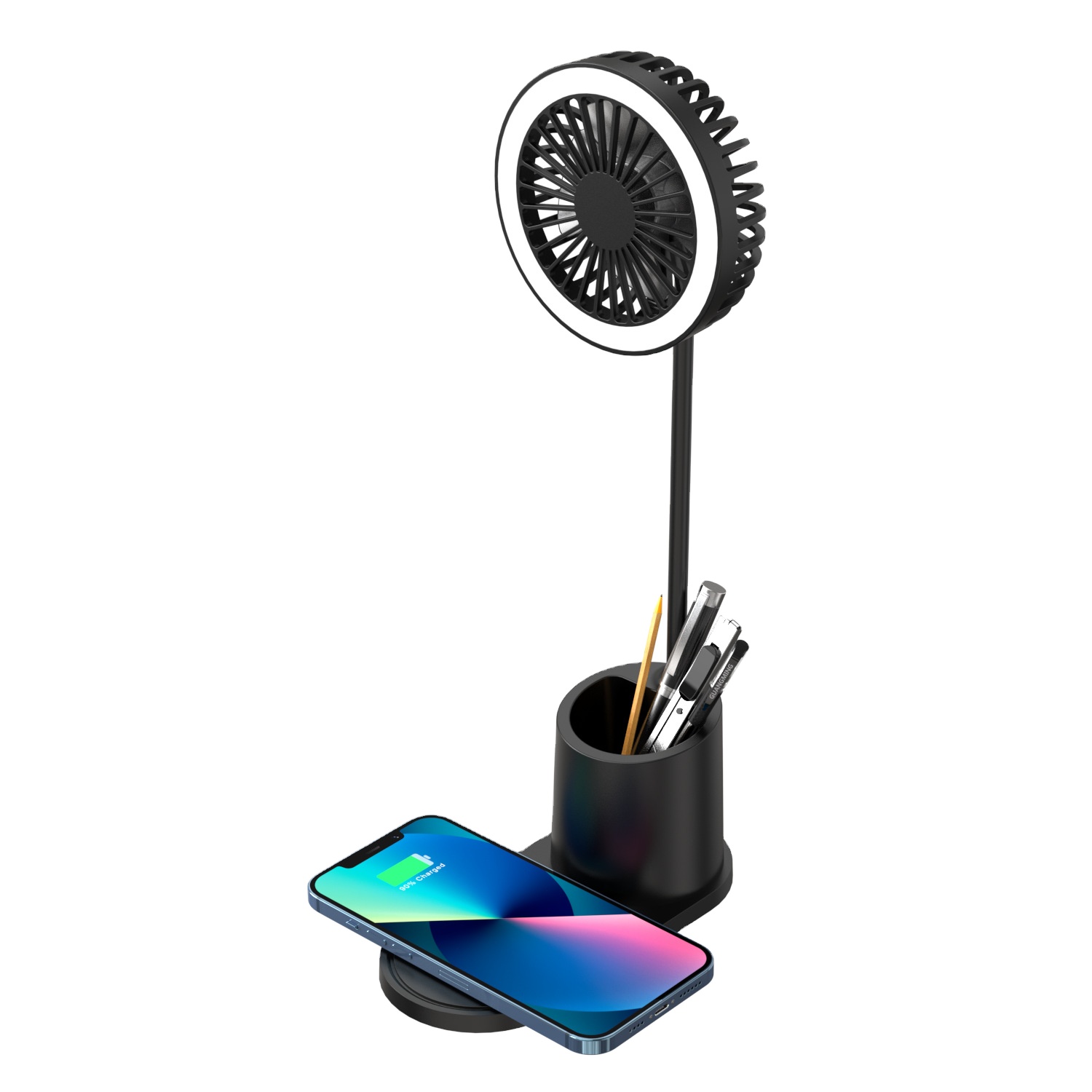 OEM 4 in 1 usb table mini fan mobile phone 15W wireless charging desktop USB charging fan LED desk lamp
