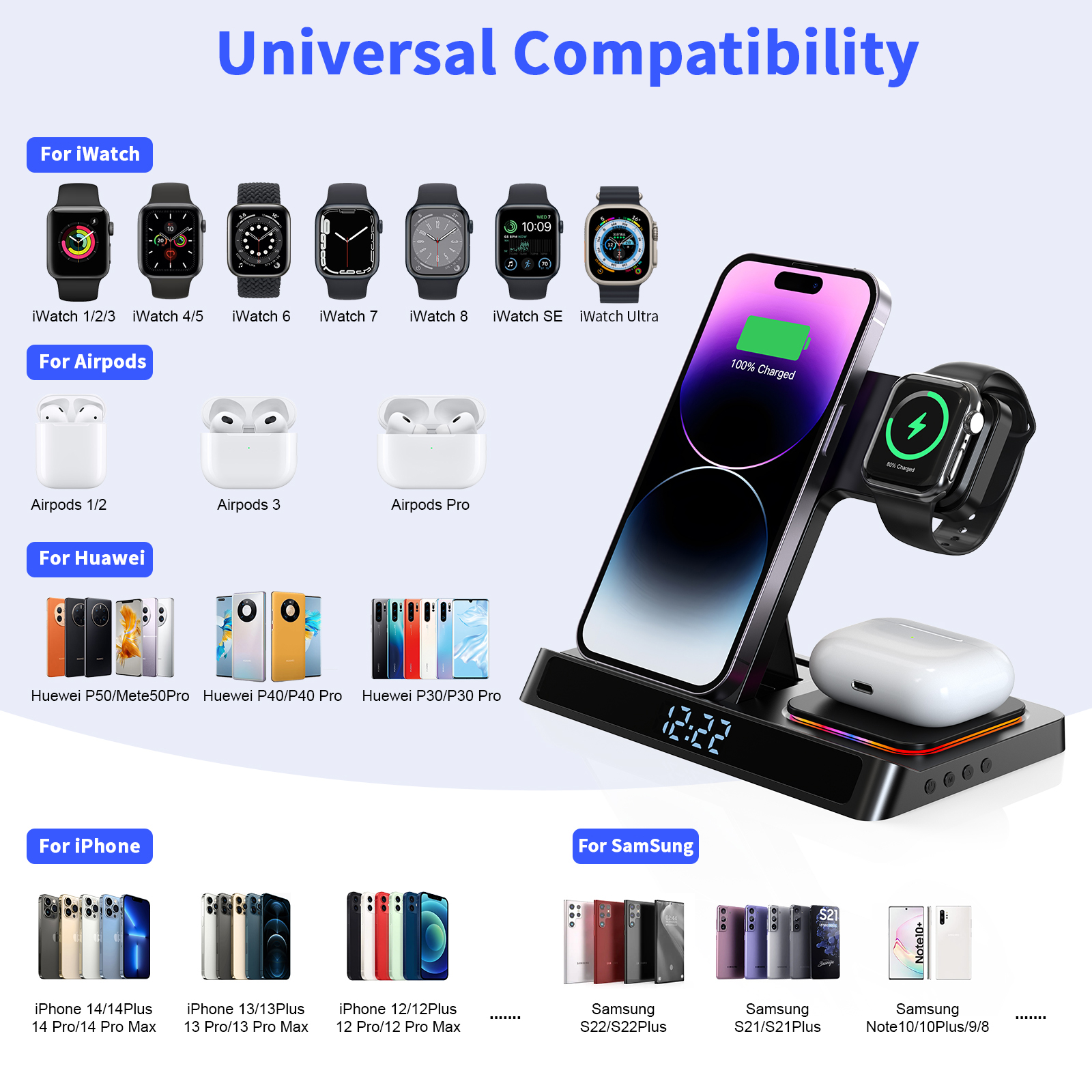 3 In 1 Portable Foldable Fast Charging Mobile Phones Watch with Digital Clock Magnetic Wireless Charger
