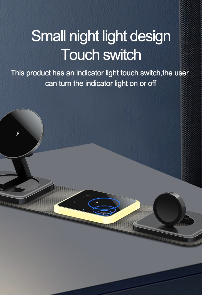 Universal Wireless Chargers Station Foldable Phone Stand Fast Charging Strong Magnetic 3 in 1 Wireless Charger with Night Lamp