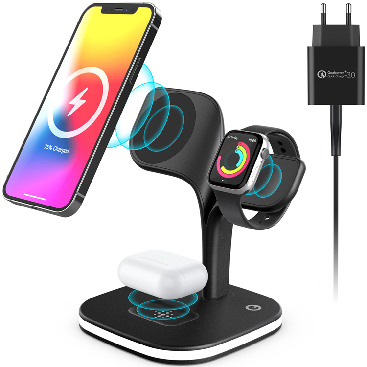 Best Quality 15W magnetic 3 in 1 fast wireless charger dock stand for iphone,iwatch,airpods with night lamp