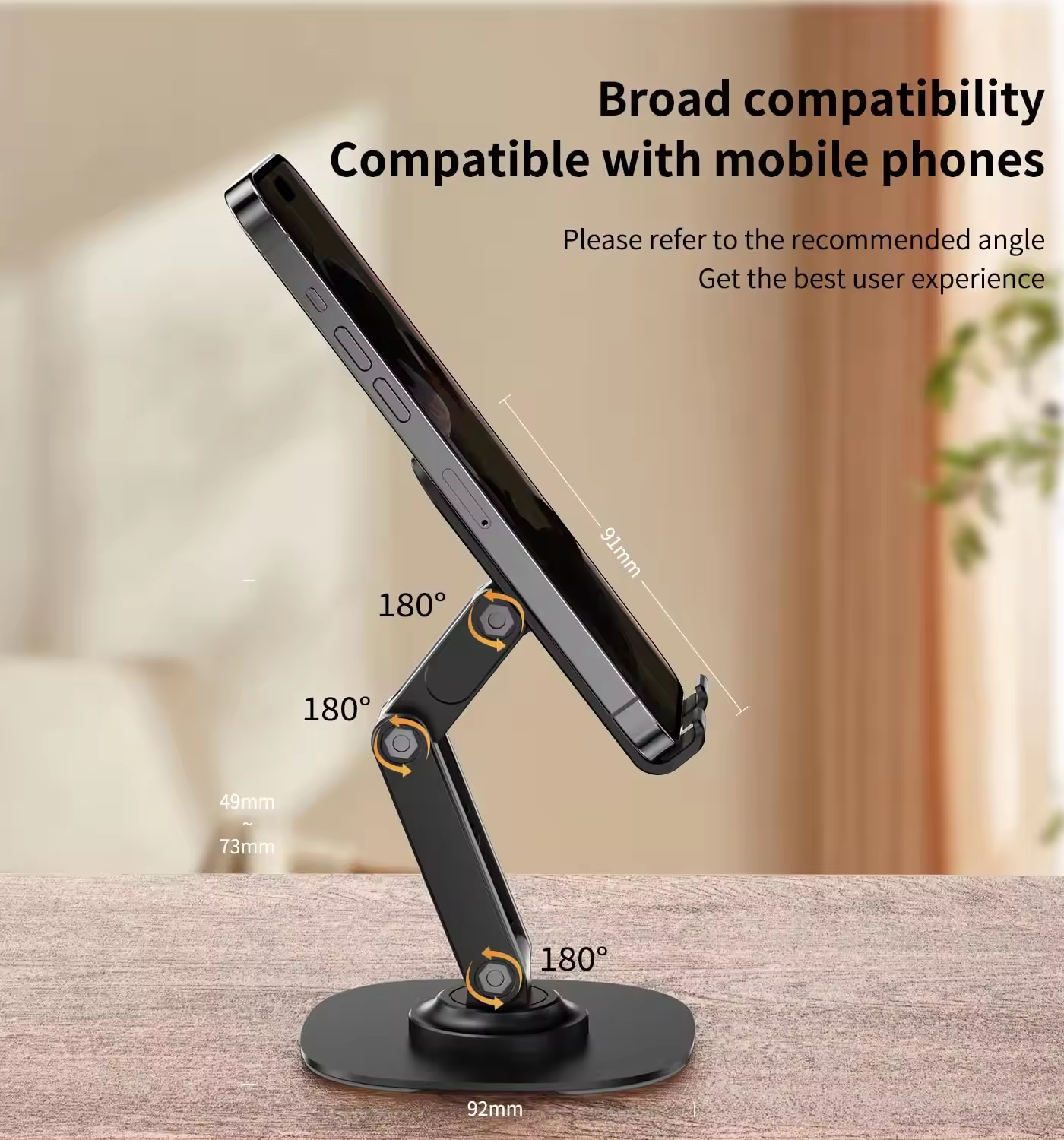 Metal Base Double Axis 360 Degrees Rotating Cell Phone Holder, Foldable Angle Height Adjustable Desktop Cell Phone Holder