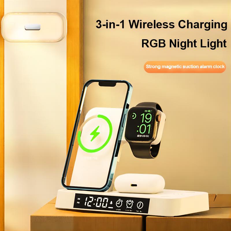 Trending Products Foldable Wireless Charger Station Led Night Light Time Display Digital 15W Wireless Charger with Alarm Clock