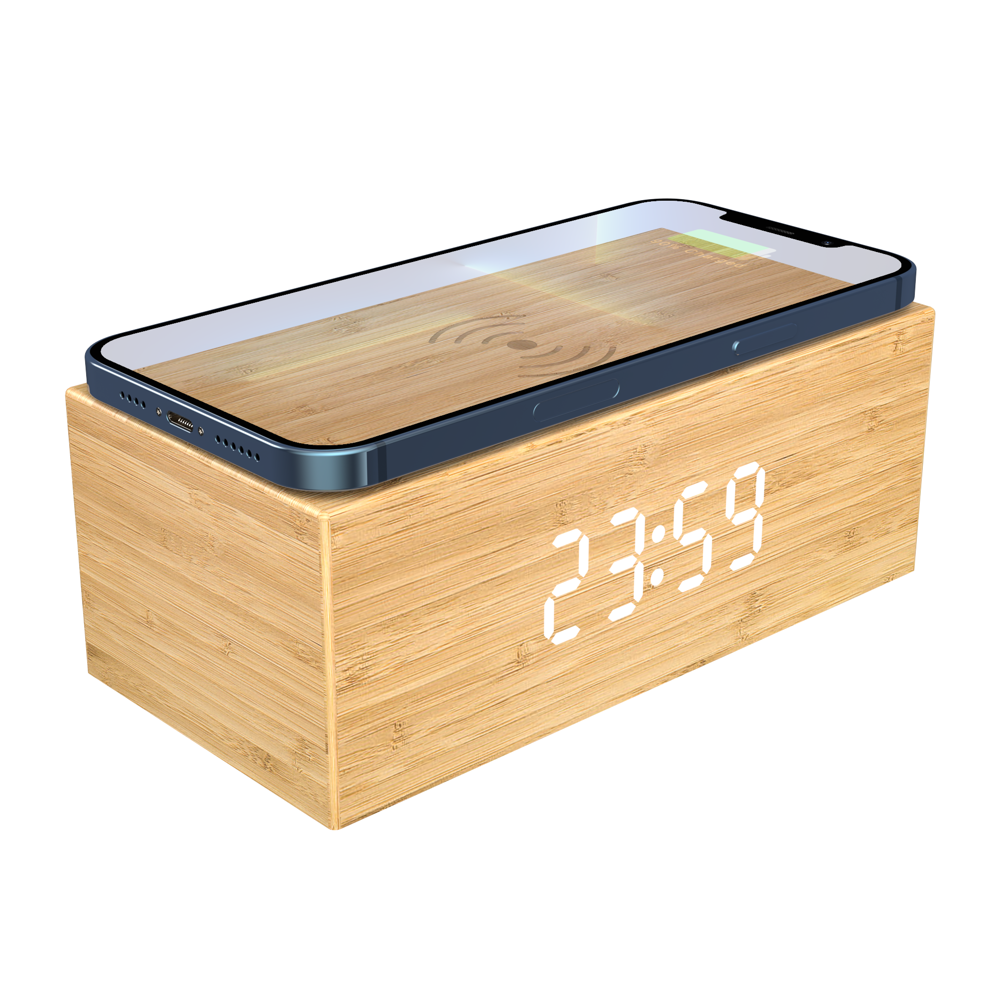 Bamboo Phone Charging Alarm Clock Digital Display Wooden Fast Wireless Charge Station Phone Charger