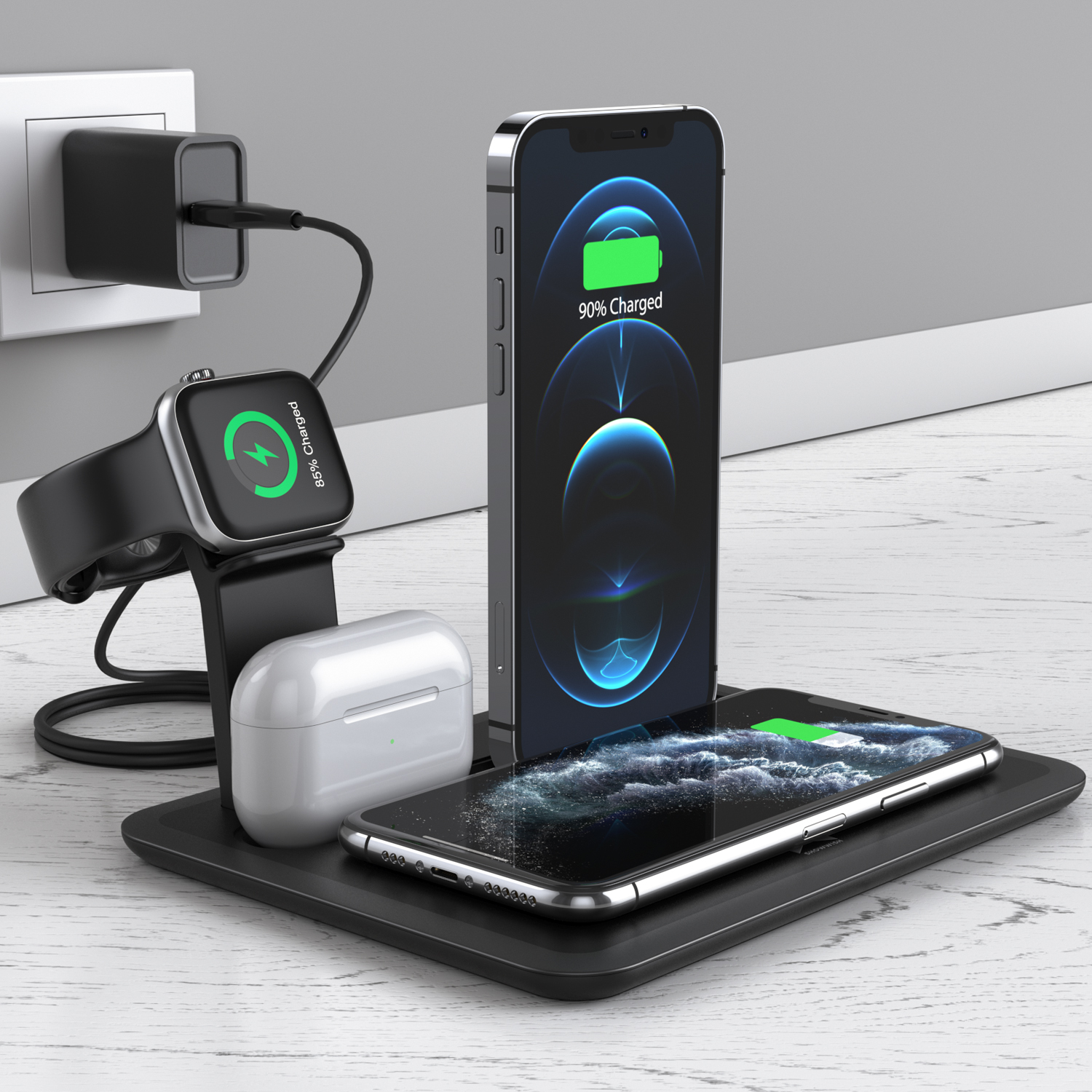 Portable 4 in 1 Charger Stand Dock 15W Wireless Charging Station for Apple and Android