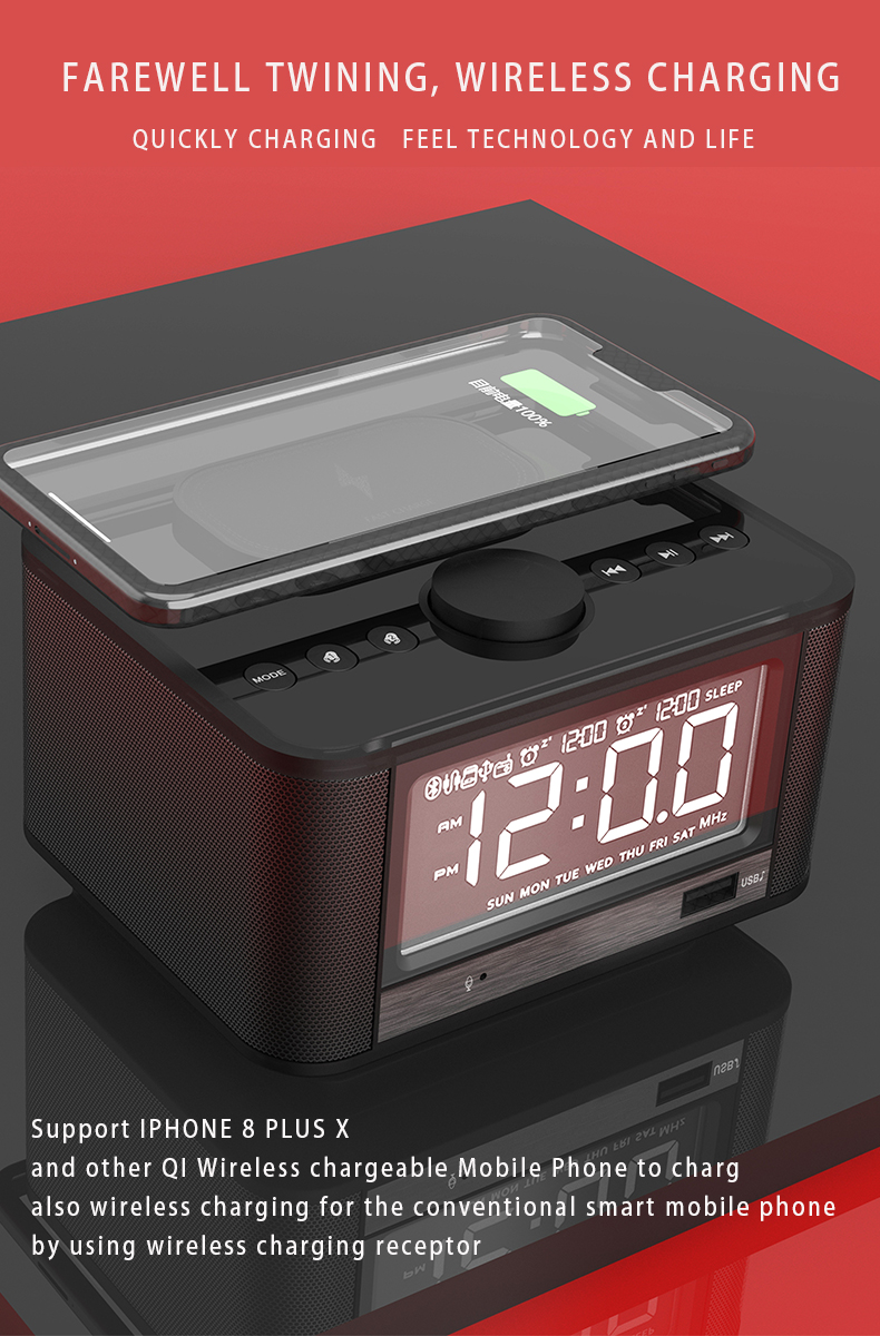FM Radio Wireless Phone Charging Stand Alarm Clock BT Speaker with LED Display Dual Alarm Digital Desktop Table Clock Office