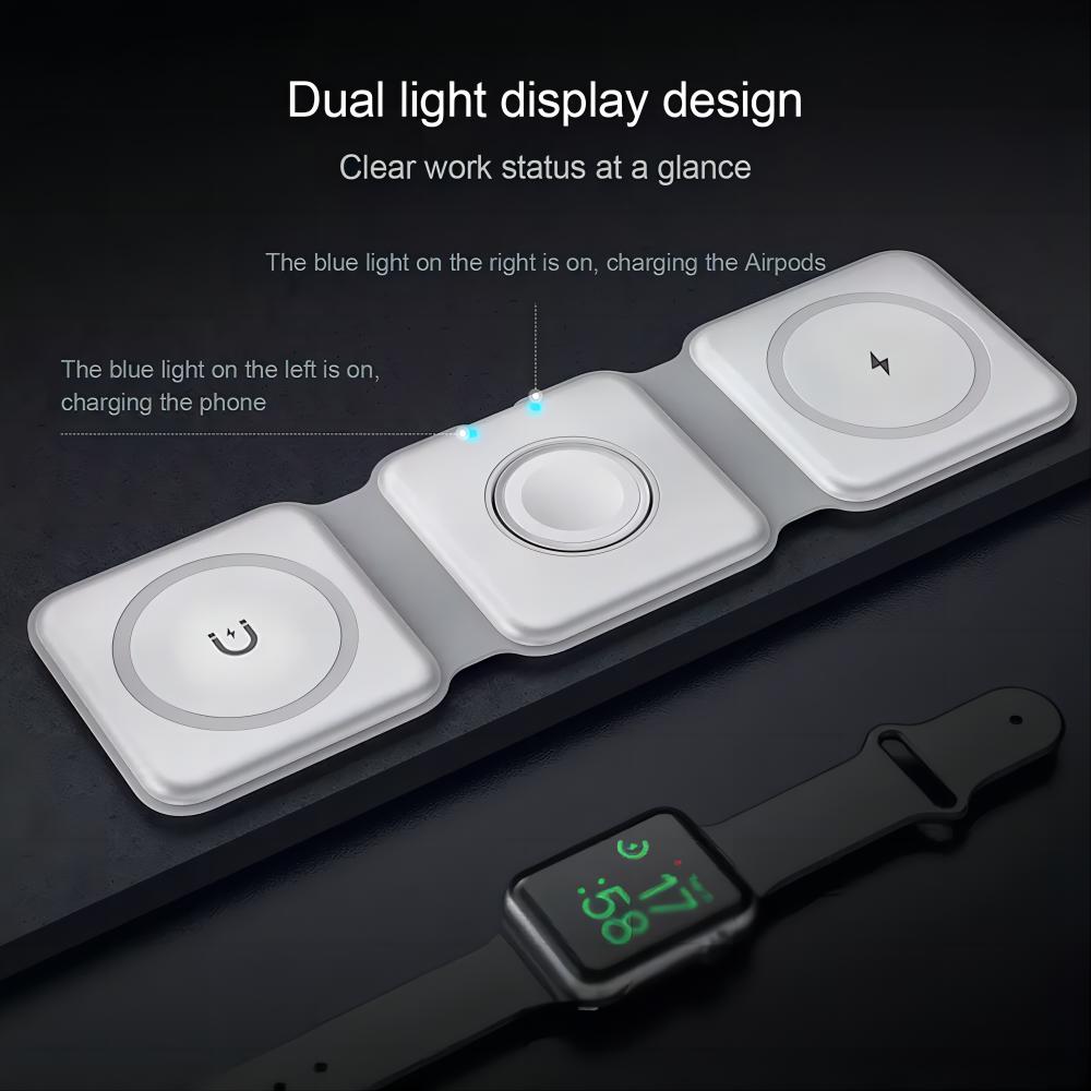 Smart 3 in 1 magnetic travel foldable wireless charger station 15W fast Magnetic charging pad