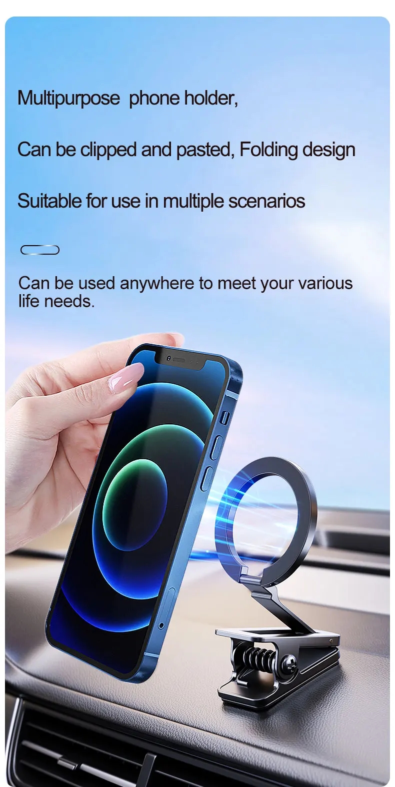 2 in 1 Clamp and Paste Use, Aviation Alloy Foldable Desk Magnetic Cell Phone Stand Holder for Car Metal Mobile Phone Holder
