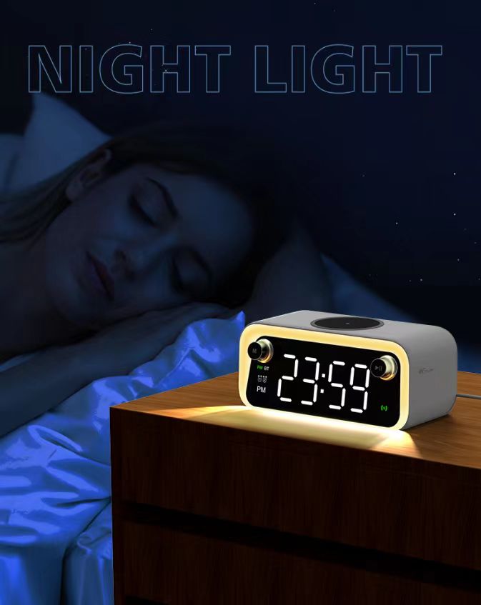2023 New Arrival Bluetooth Multi Wireless Charging Night Light LED Lamp Alarm Clock Wireless Charger with FM Radio and Speaker