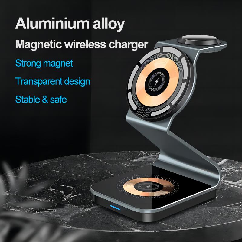 Factory Direct New Metal Transparent 3 in 1 Wireless Charger Station Multifunctional 15W Magnetic Wireless Charger Stand Holder