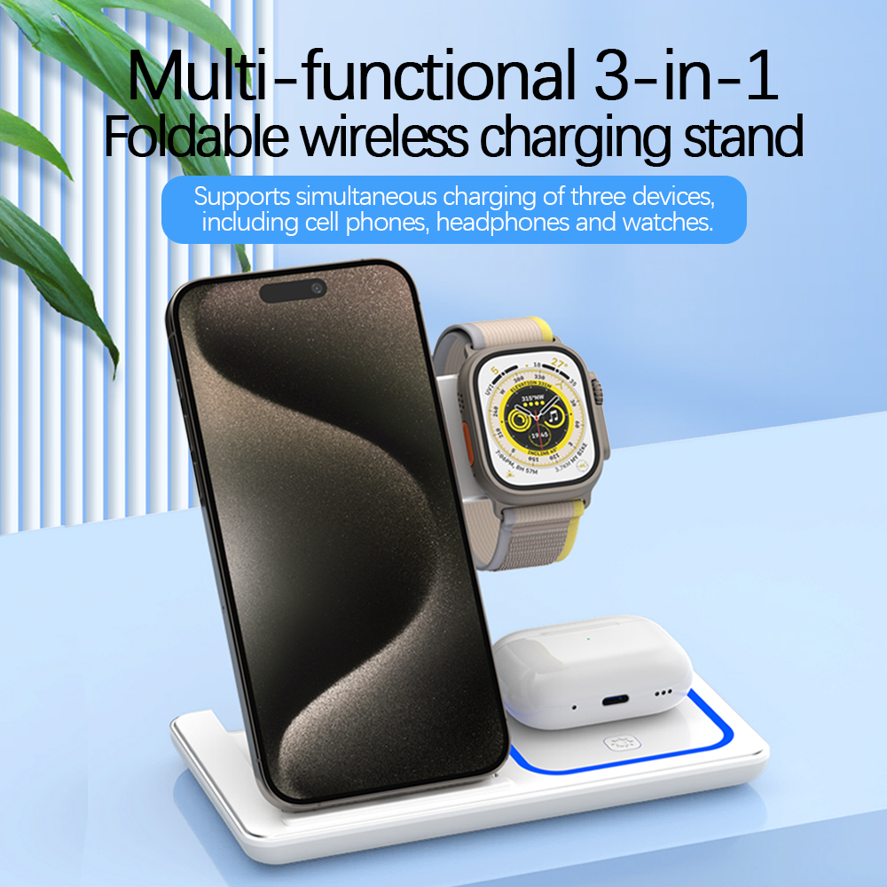 Foldable 15W 3 in 1 Wireless Charger for iPhone Airpods Charging Stand Smart Watch and Mobile Phone