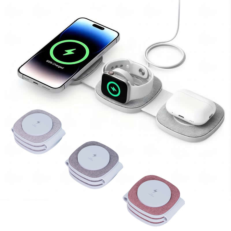 Fabric Unique Product 3 in 1 Wireless Charger Stand Folding Charging Dock 15W Charging Station for Multiple Device