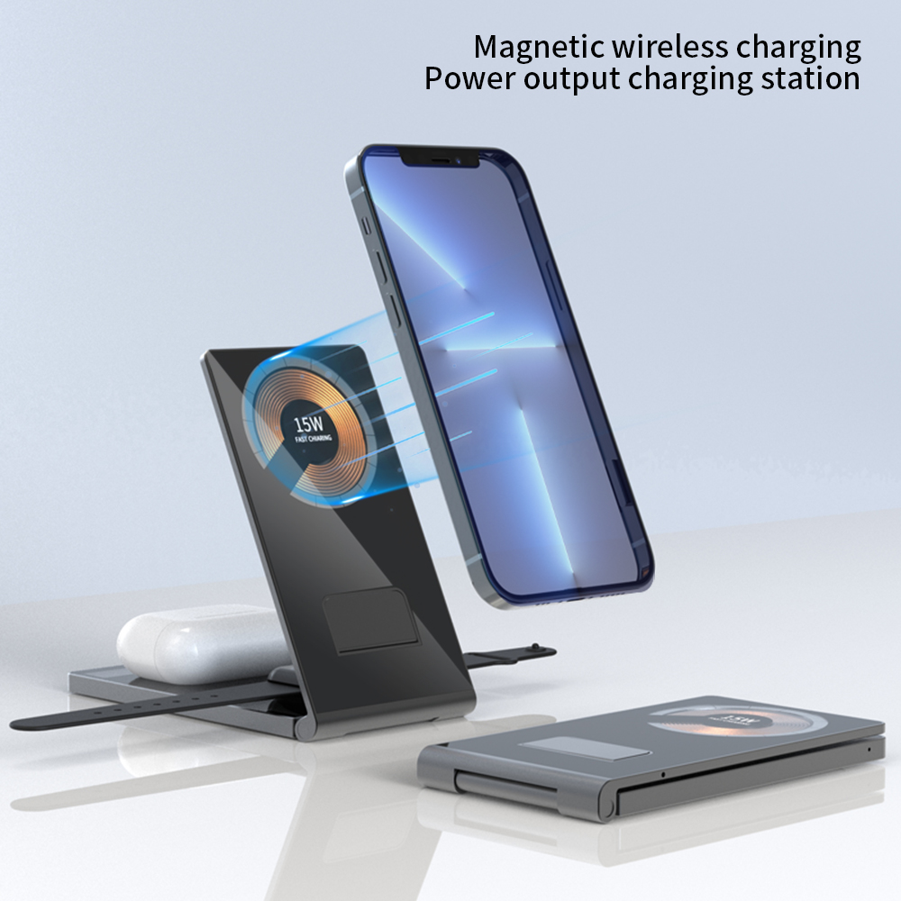 Desktop Foldable 4 In 1 Ultra-slim Transparent 15W Wireless Fast Charging Holder Stand Dock for Cell Phone Watch