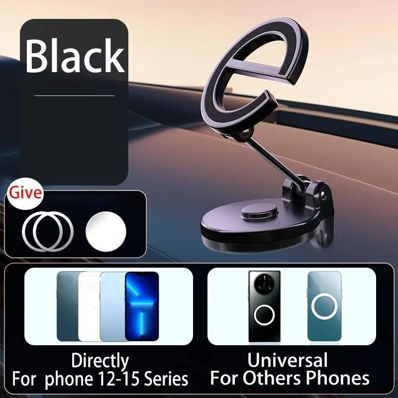 Aluminum Strong Magnet 720 Degree Mini Car Mobile Phone Mount Magnetic Dashboard Phone Holder for iPhone Foldable Black