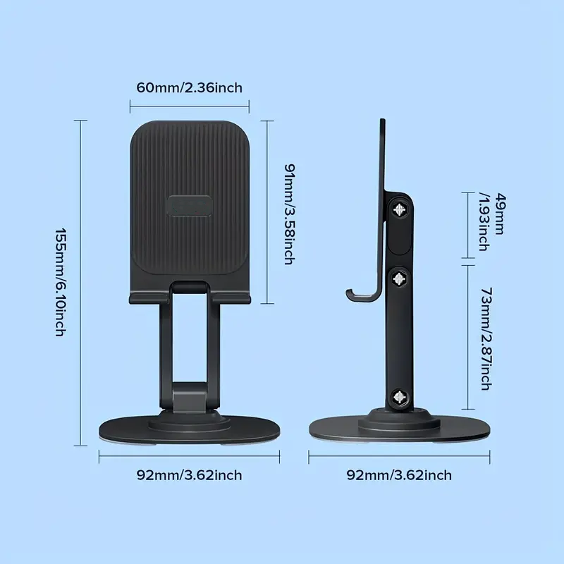 Metal Base Double Axis 360 Degrees Rotating Cell Phone Holder, Foldable Angle Height Adjustable Desktop Cell Phone Holder