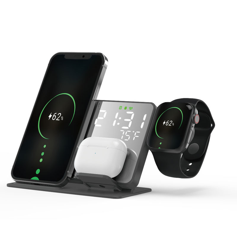 2024 Trending phone charging station 15W 4 in 1 LED Digital Display Alarm clock Wireless Charger Stand 3 in 1 Wireless Charging