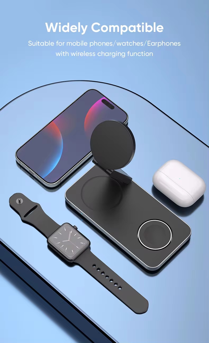3in1 Folding Aluminum Wireless Charger Portable Magnetic 15W Fast Wireless Charging Pad for iPhone iWatch etc