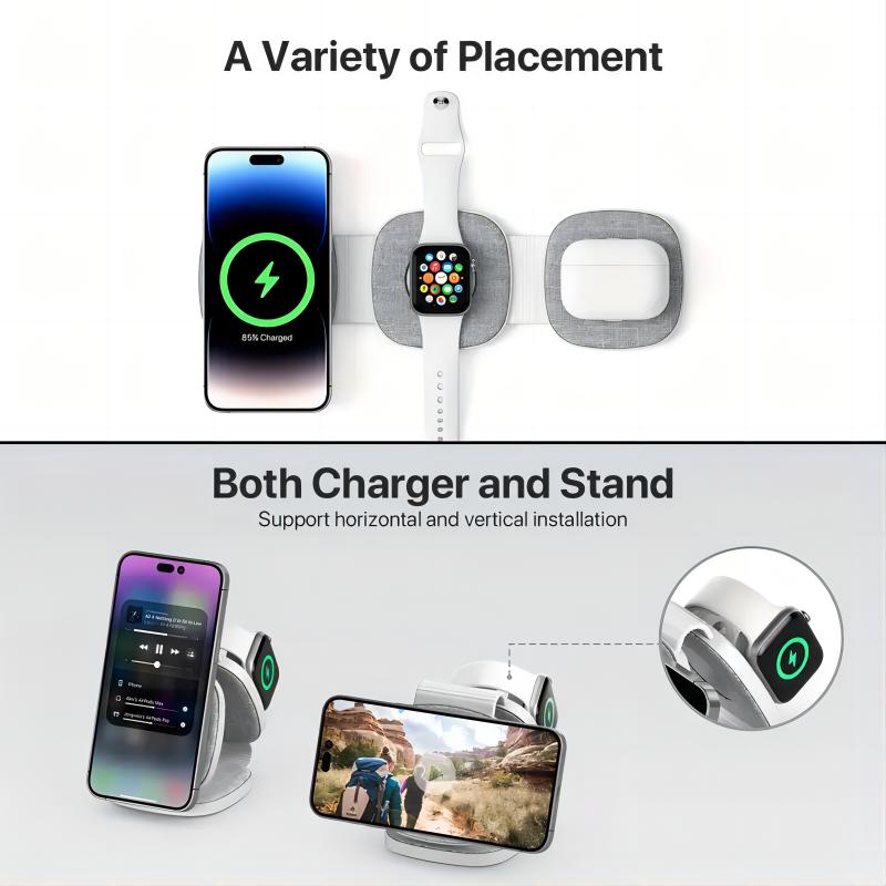 Fabric 3 in 1 Magnetic 15W Charging Station for Multiple Device Foldable Wireless Charger for Phone Fast Charging Stand Dock